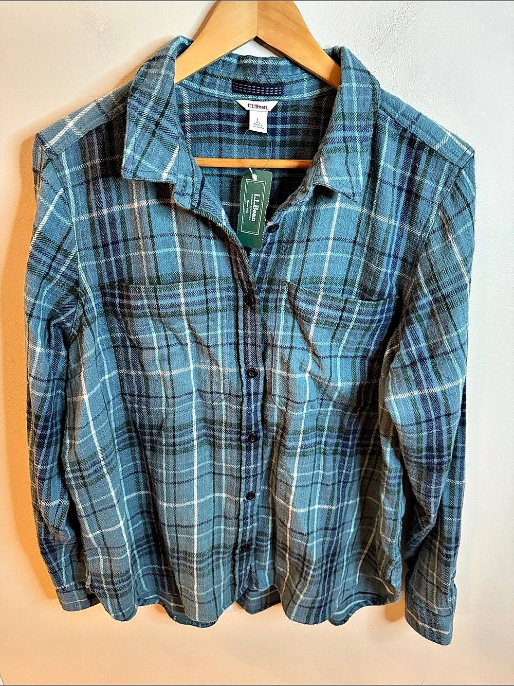 LL Bean 1912 Field Flannel Shirt Plaid Button Down Blue & Green Large